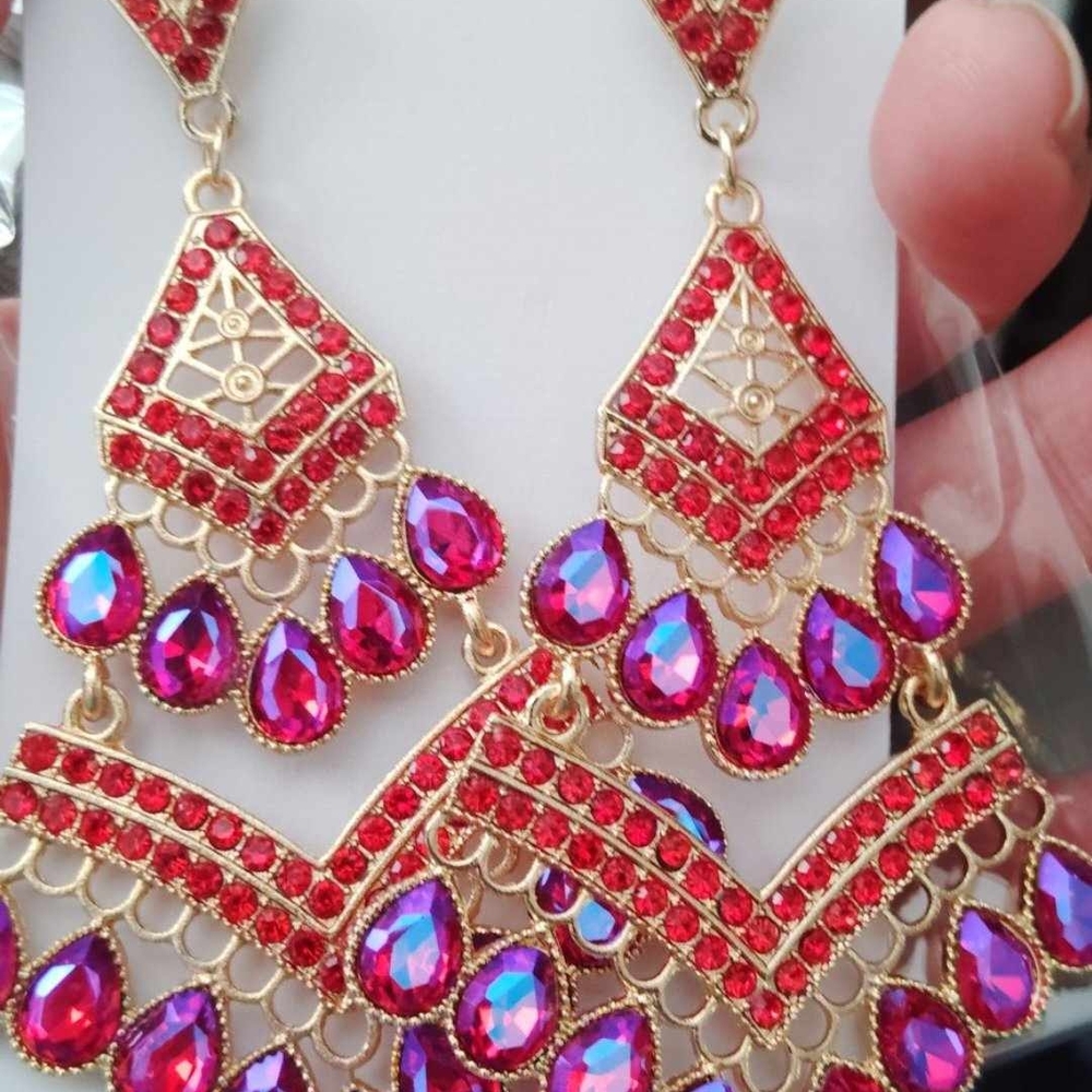 Elegant Red and Purple Chandelier Earrings